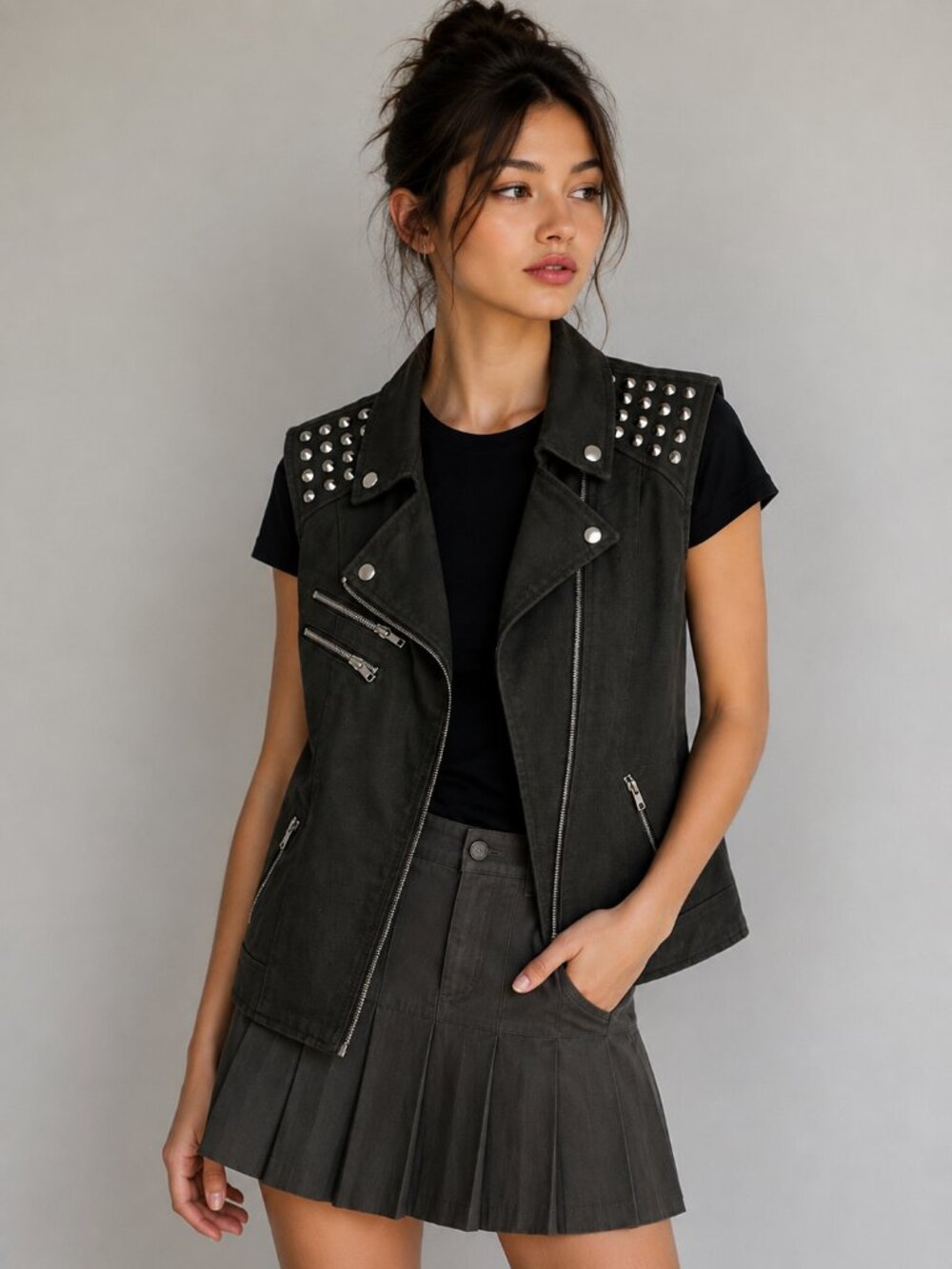 Forever 21 Studded Denim Vest in Olive Gray, Size M